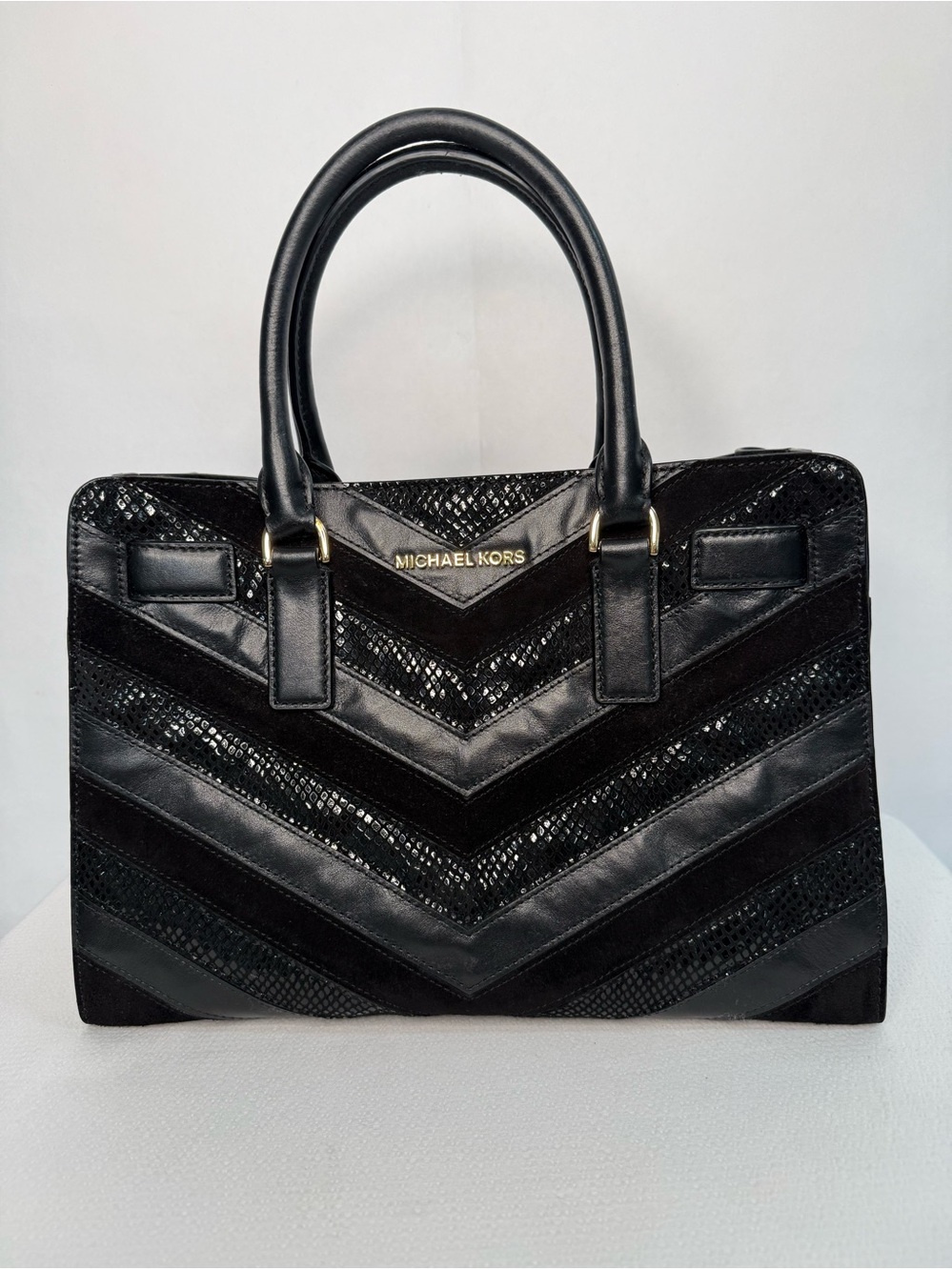 Michael Kors Black Leather Chevron-Patterned Satchel